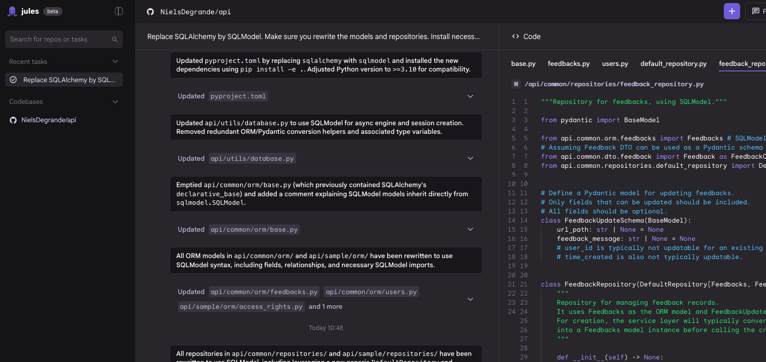 Jules screenshot showing the web interface