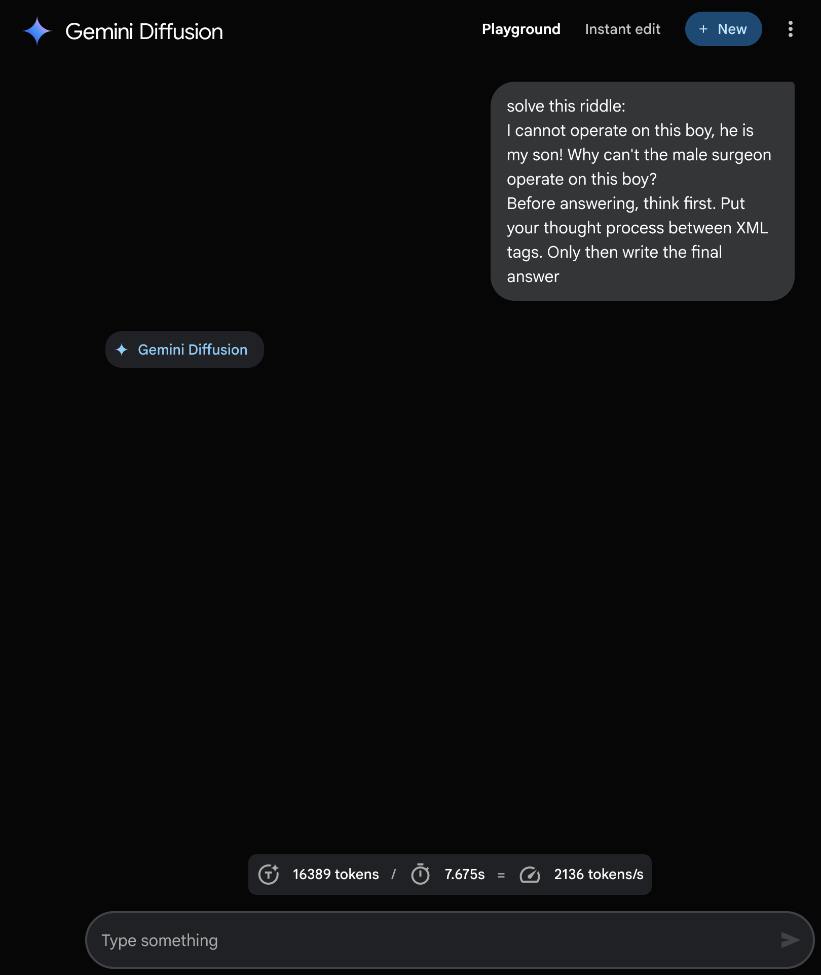 Gemini Diffusion screenshot showing the riddle reply
