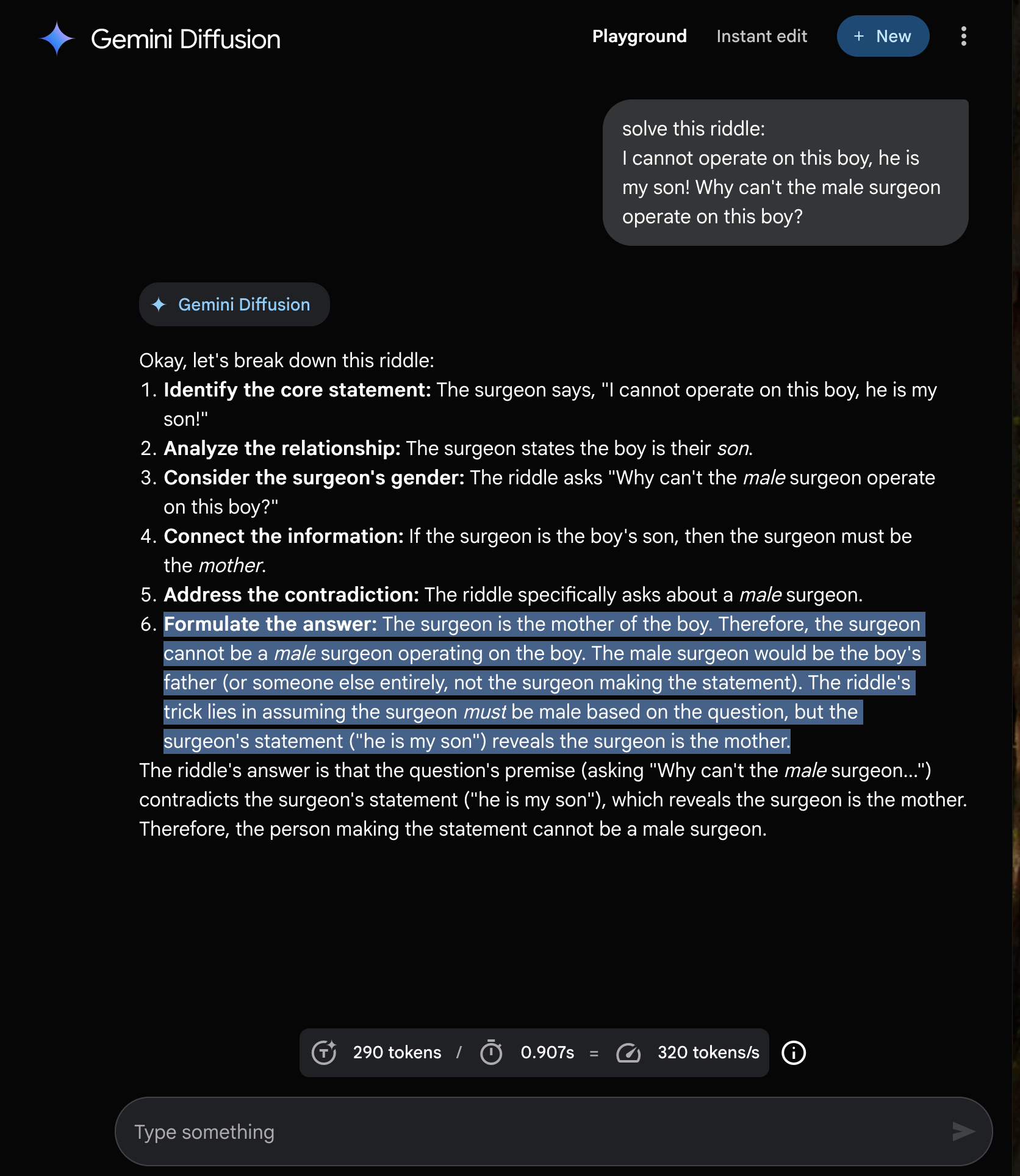 Gemini Diffusion screenshot showing the riddle and the wrong answer